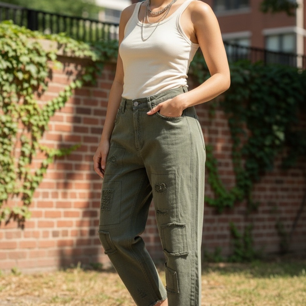 POL Olive Green Distressed Pants